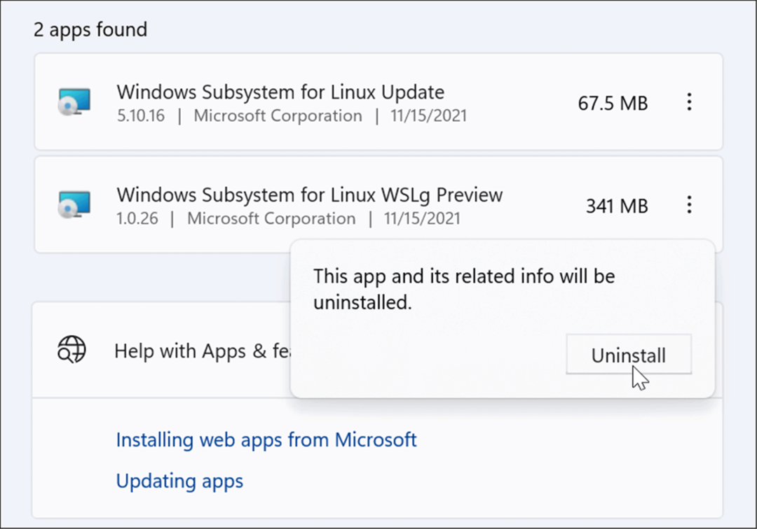 ověřte odinstalaci Linuxu z Windows 11