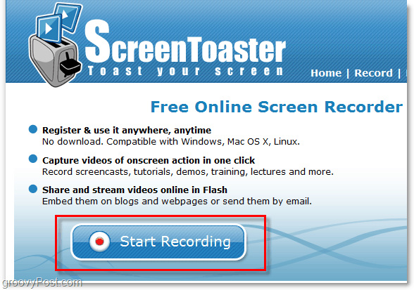 spuštění nahrávání obrazovky pomocí screentoaster
