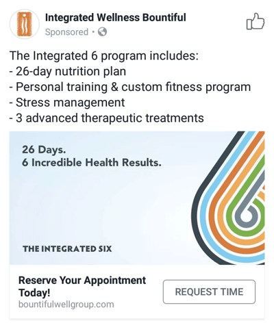 Techniky reklamy na Facebooku, které přinášejí výsledky, například Integrovaná wellness bohatá nabídka časů schůzek