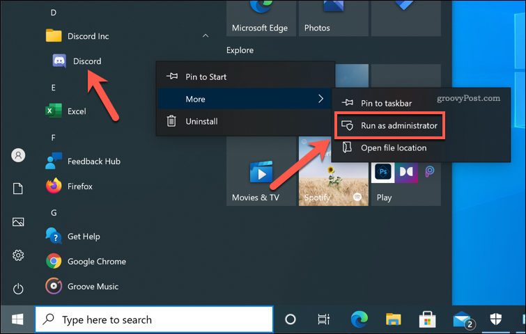 Spuštění programu Discord jako správce ve Windows 10