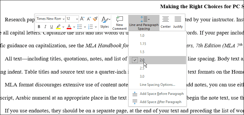 mezery použijte formát mla v aplikaci Microsoft Word