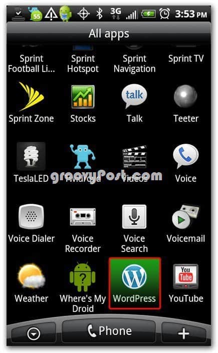 Wordpress na ikonu Android na domovské obrazovce - dok
