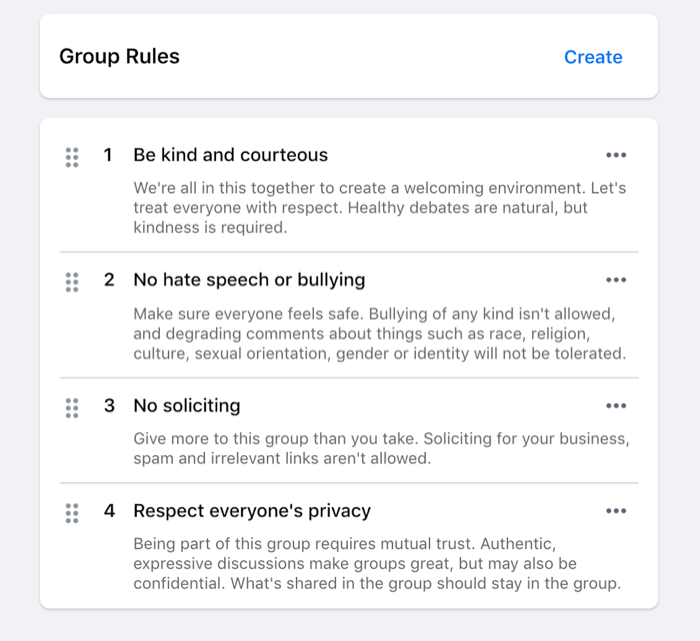 příklad pravidel stanovených pro skupinu facebook, jako je laskavost, žádné projevy nenávisti, žádání atd.