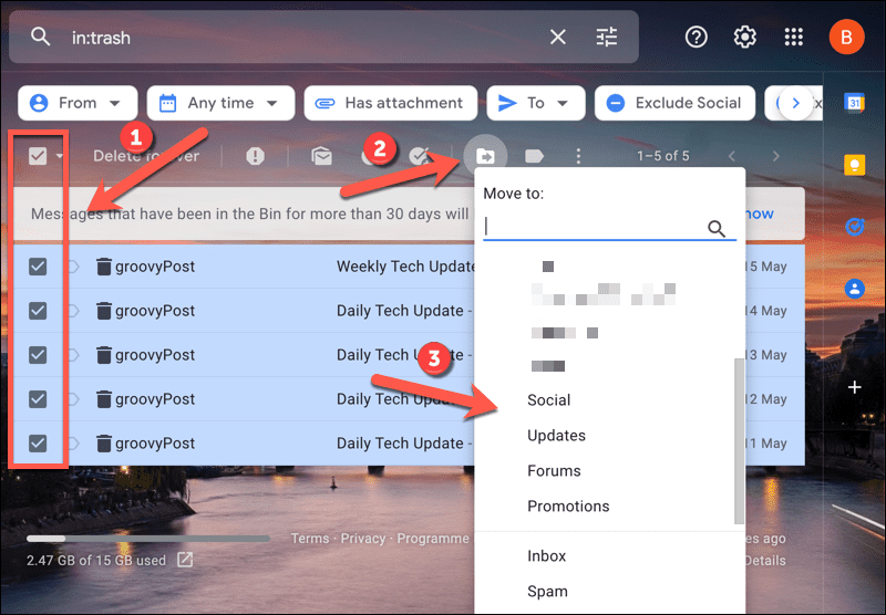 Přesouvání e-mailů mimo složku koše Gmailu