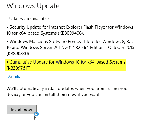 K dispozici je kumulativní aktualizace systému Windows 10 KB3097617