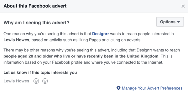 Facebook zobrazí podrobné informace o cílení reklamy na Facebooku.