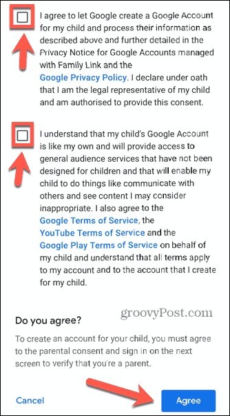 zaškrtávací políčka dětského účtu gmail
