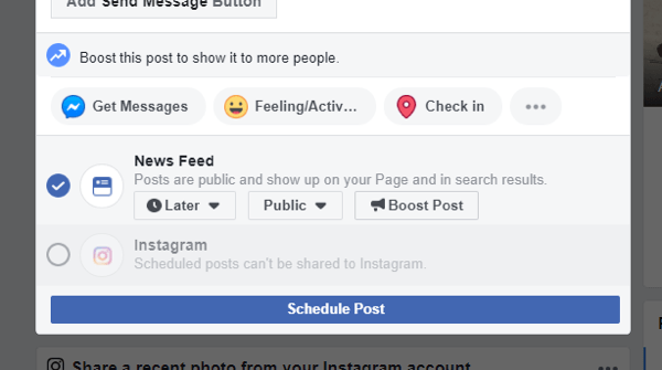 Jak cross-post na Instagram z Facebooku na ploše, příklad možnosti cross-post na Instagram již není k dispozici při plánování příspěvku na Facebooku