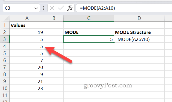 Výsledek vzorce MODE v Excelu