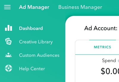 Ad Manager má čtyři hlavní sekce, ke kterým máte přístup v levém horním rohu stránky.