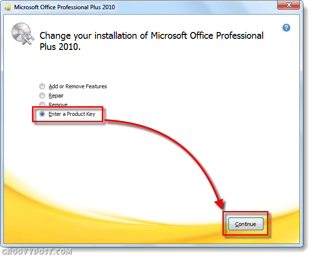 obrazovka změny produktu 2010 v kanceláři