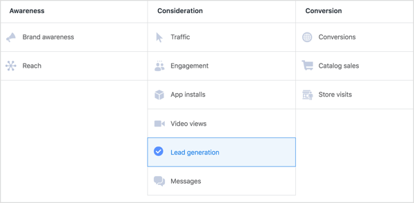 Vyberte Lead Generation jako cíl své kampaně na Facebooku.
