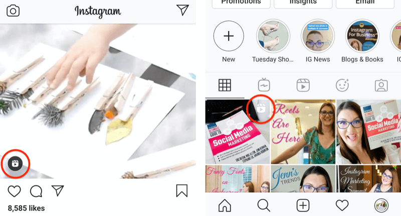 ikona kotoučů instagramu zobrazená na příspěvku zdroje a na čtverci mřížky profilu