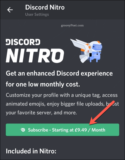 Tlačítko Discord Nitro Mobile Subscribe
