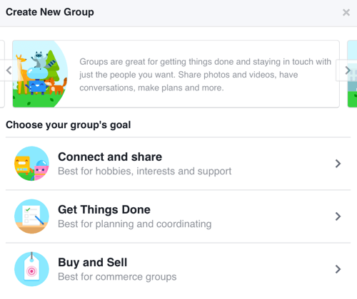 Chcete-li vytvořit skupinu na Facebooku zaměřenou na budování komunity, vyberte Připojit a sdílet.