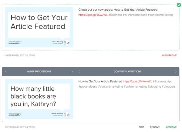 Poté, co MissingLettr vytvoří tweety o vašem příspěvku na blogu, můžete všechny tweety upravit podle svých představ.
