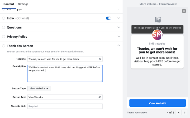 nastavit obrazovku s poděkováním pro formulář pro generování potenciálních zákazníků na Facebooku
