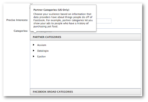 facebook široké kategorie partnerů