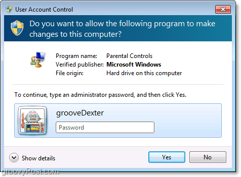 můžete potlačit omezení rodičovské kontroly v systému Windows 7 zadáním hesla správce