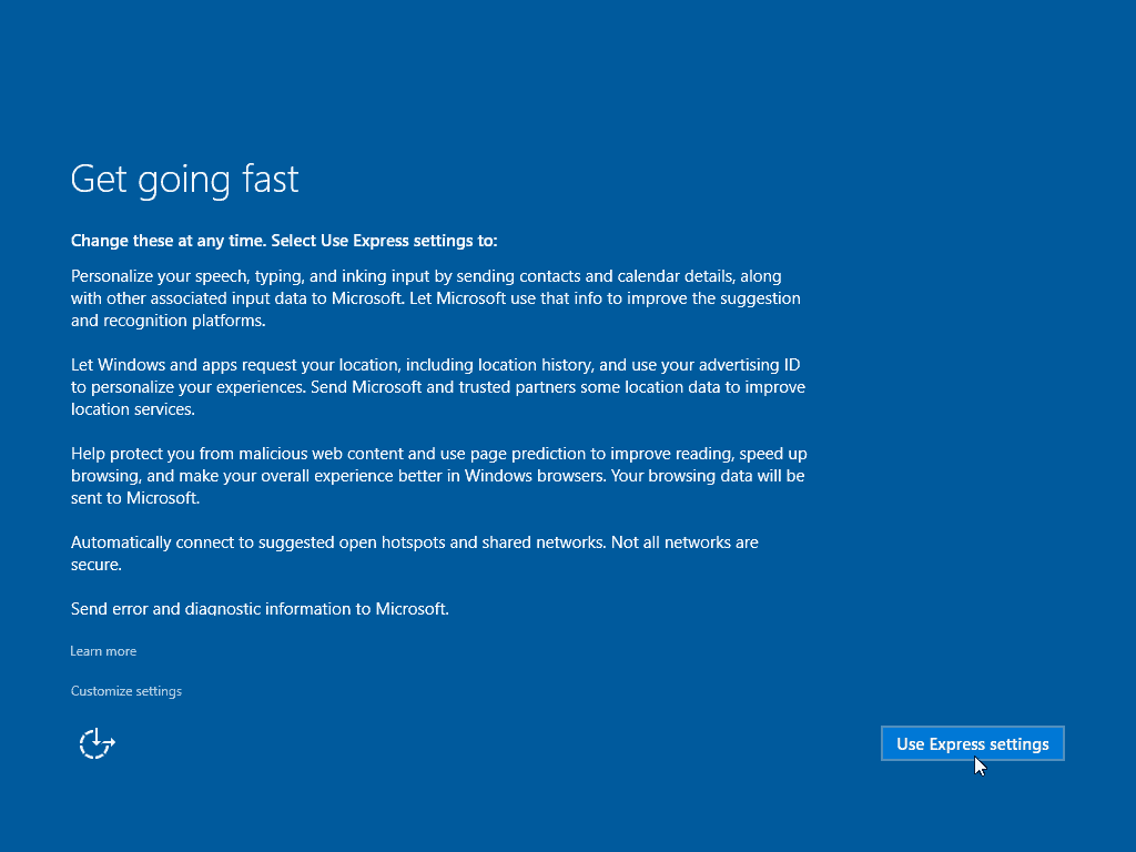13 Použití expresních nastavení Windows 10 Clean Install