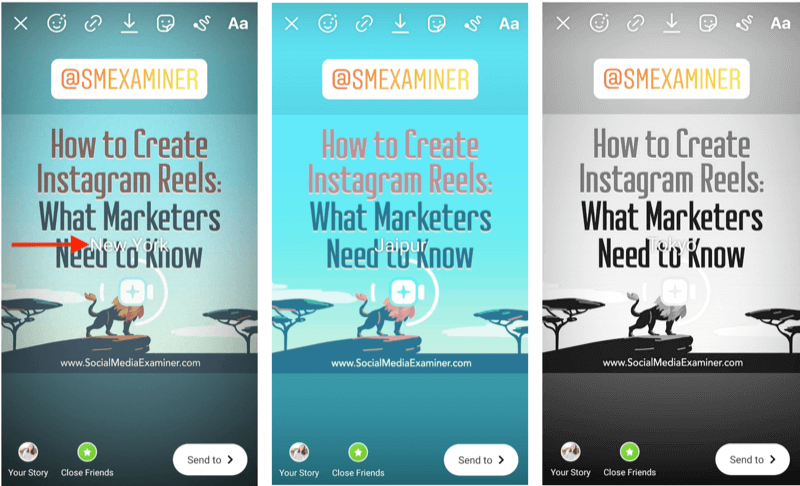příklad filtrů příběhů instagramu s přidanou nálepkou se zobrazeným a zvýrazněným názvem filtru pro identifikaci