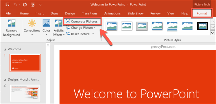 Tlačítko komprese obrázků v aplikaci PowerPoint