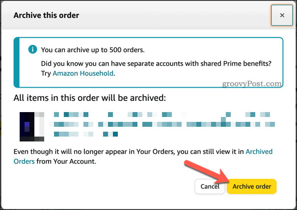 Potvrzení archivace objednávek na Amazonu