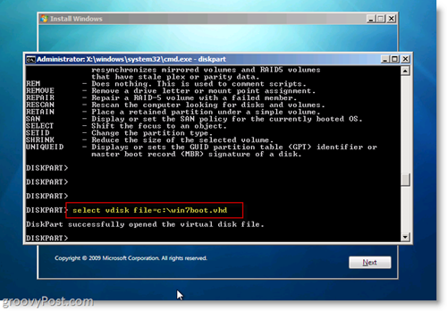 Windows 7 Native VHD Install Dual Boot Vyberte VHD z CMD Prompt
