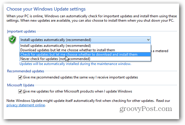 Nastavení systému Windows 8, aby zobrazoval oznámení na ploše pro aktualizace