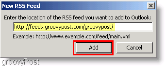 Screenshot Microsoft Outlook 2007 - Zadejte nový RSS kanál
