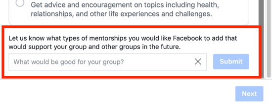 Jak vylepšit komunitu skupiny na Facebooku, možnost navrhnout možnost kategorie skupinového mentorství na Facebooku