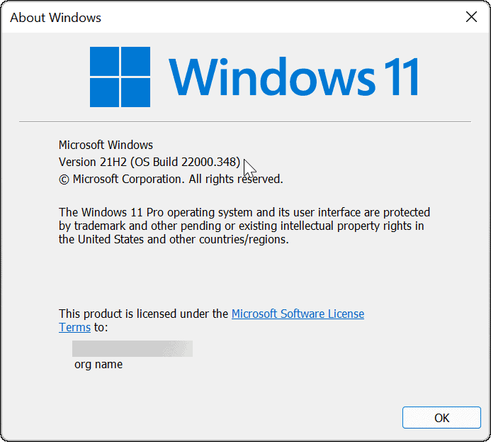 Verze a sestavení Windows 11 pomocí příkazu winver