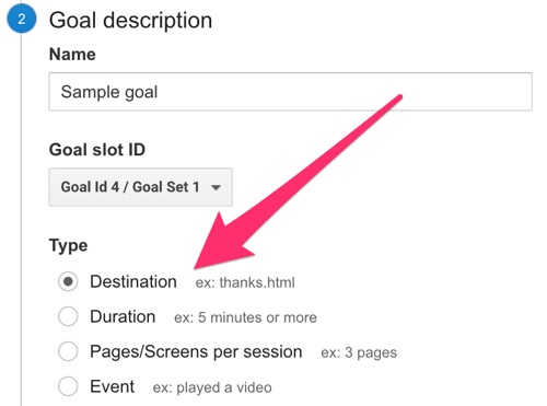 vyberte cíl jako typ cíle v Google Analytics