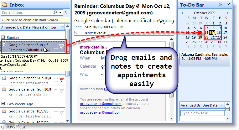 Panel úkolů aplikace Outlook 2007 - Přetáhněte e-mail do kalendáře