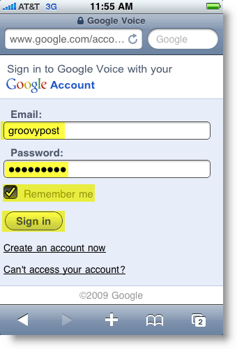 Mobilní přihlašovací stránka Google Voice