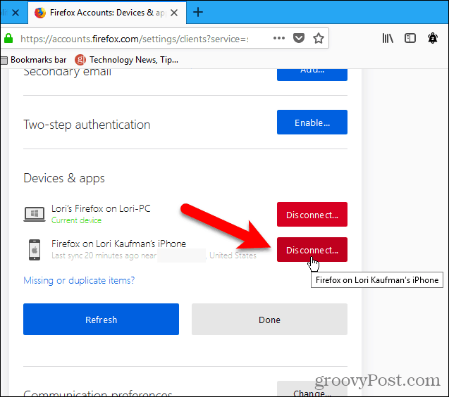 Odpojte zařízení pomocí Firefoxu pro Windows