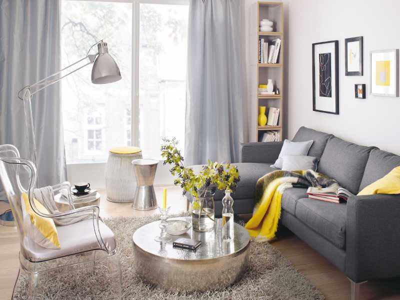 šedá žlutá obývací pokoj dekorace