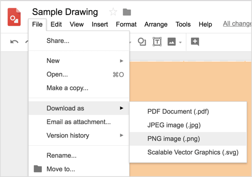 Zvolte Soubor> Stáhnout jako> Obrázek PNG (.png) a stáhněte si svůj návrh Kresby Google.