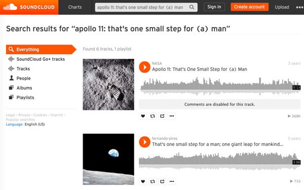 Prohledejte mediální soubory NASA na SoundCloudu, abyste našli a stáhli zvuk ikonických historických okamžiků, jako je první procházka po Měsíci.