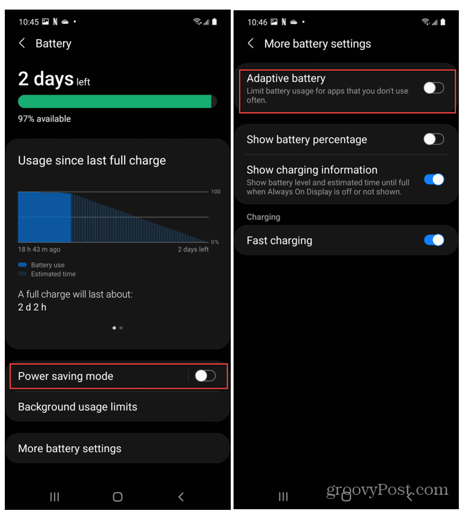 Nastavení baterie Android