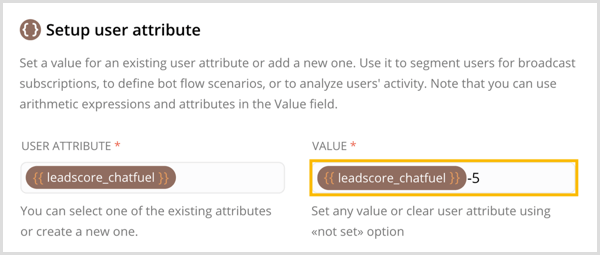 Vytvořte nový atribut uživatele a nastavte jeho hodnotu v Chatfuel.