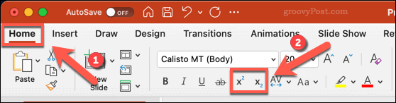 Ikony pro změnu textu na dolní nebo horní index v PowerPointu pro Mac