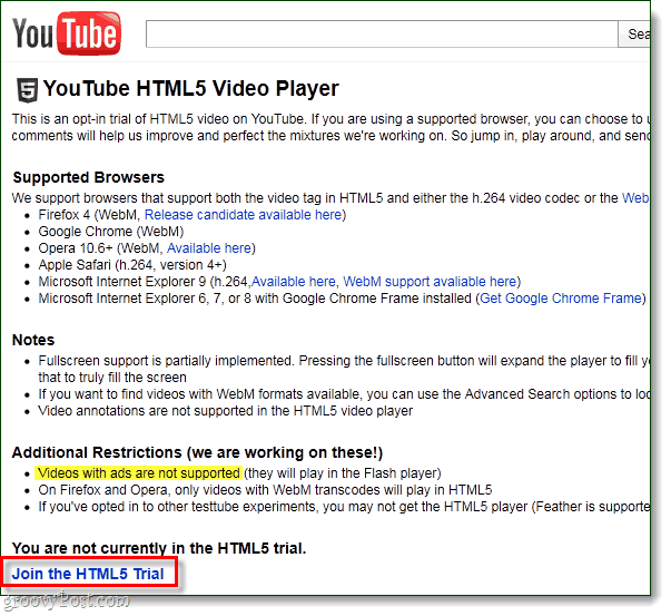 Přihlášení YouTube HTML5