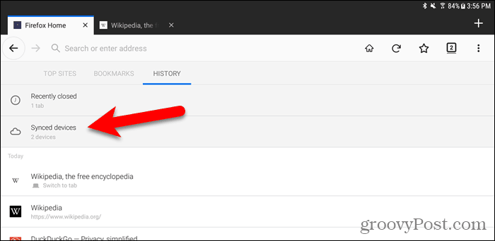 Klepněte na Synchronizovaná zařízení v prohlížeči Firefox pro Android