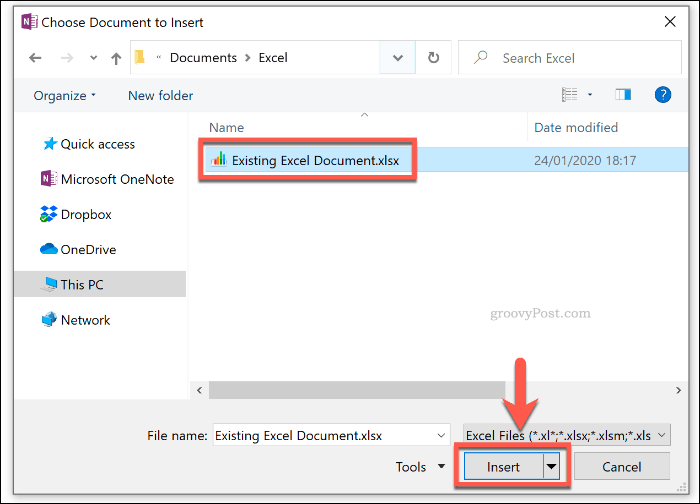 Výběr existujícího dokumentu Excel, který chcete vložit do OneNote