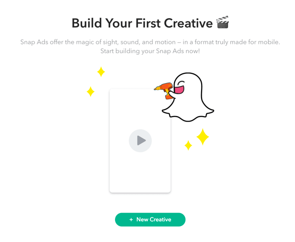 Kliknutím na + Nová kreativa nastavíte svou reklamu Snapchat.