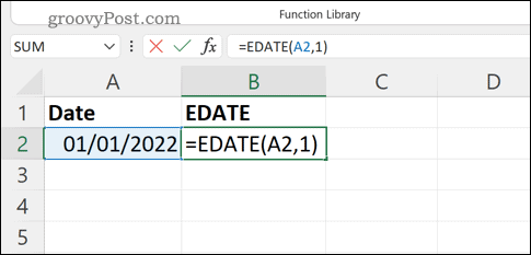 Zadáním vzorce EDATE do řádku vzorců v Excelu