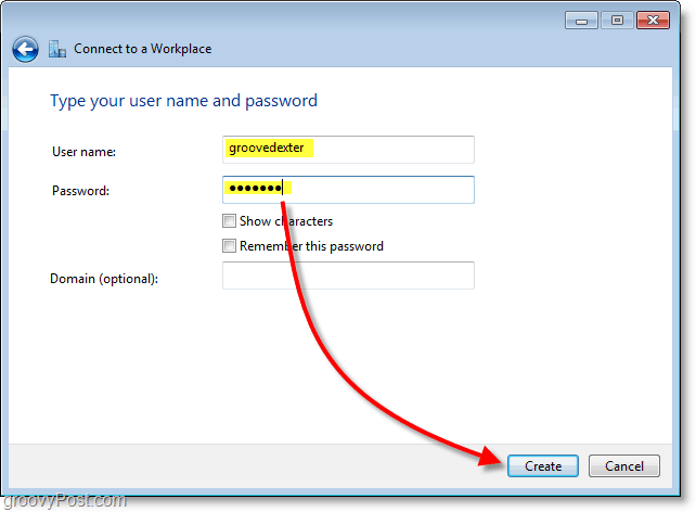 zadejte své uživatelské jméno a heslo a poté vytvořte připojení v systému Windows 7