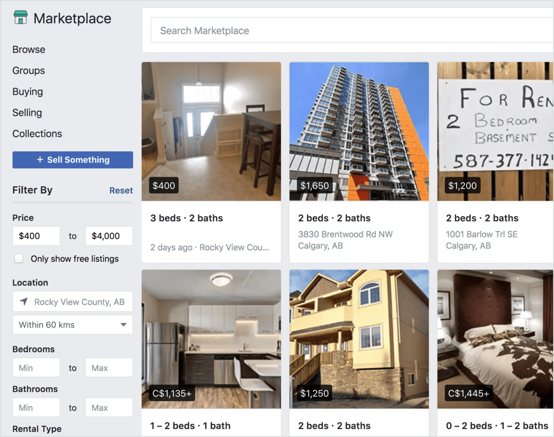 Facebook Marketplace nabízí pronájem nemovitostí k prodeji.