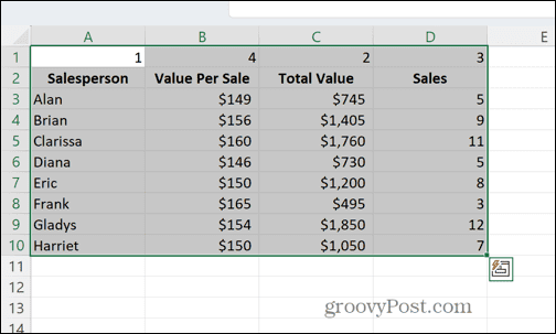 Excel vybrané buňky